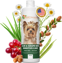 Aromapet bottle for dog care with a dog illustration, aloe vera leaves, grapes, and grape seeds on a white background.