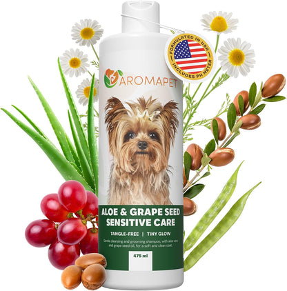 Aromapet bottle for dog care with a dog illustration, aloe vera leaves, grapes, and grape seeds on a white background.