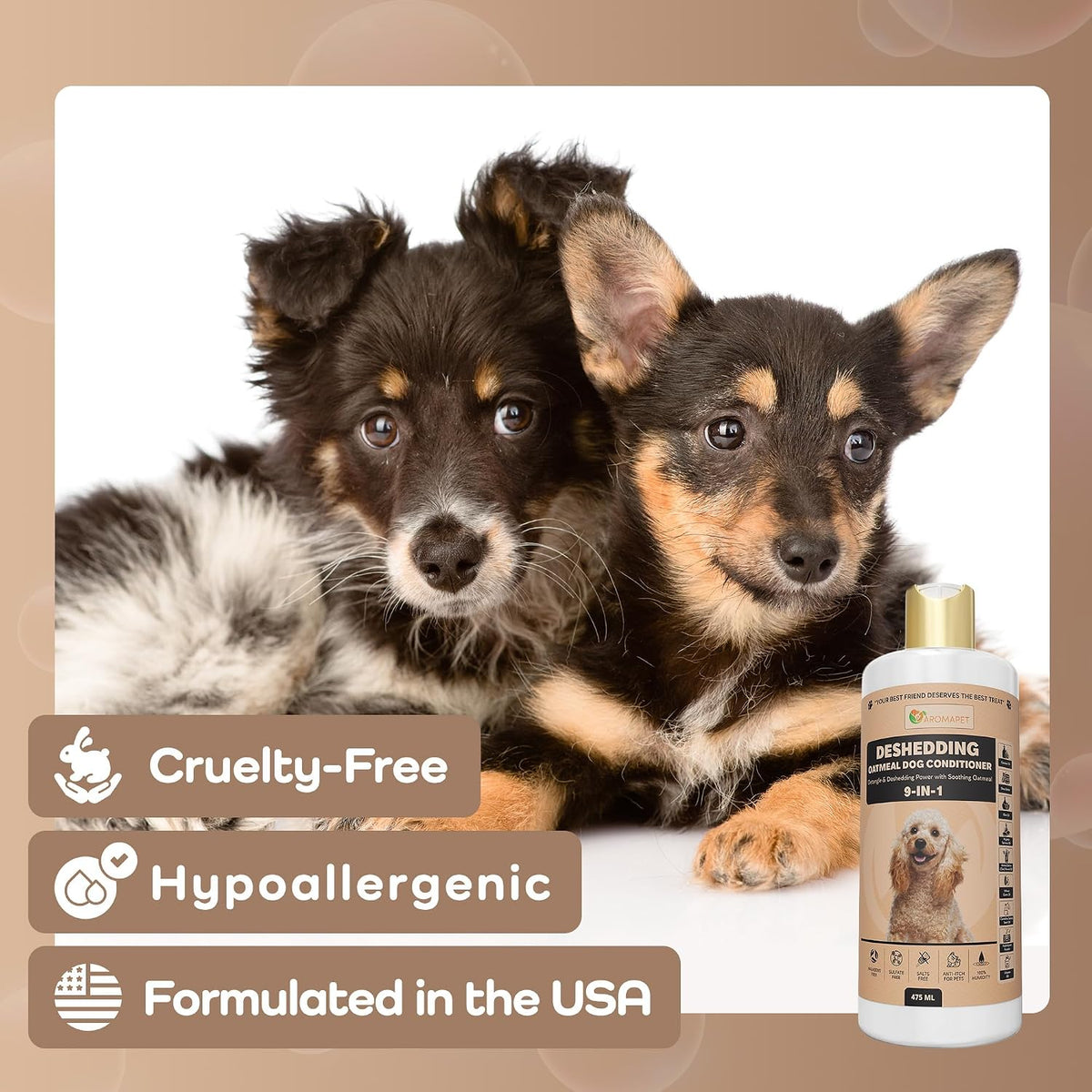 Two small puppies on a white background with promotional text badges and a bottle of Shedding Shampoos pet shampoo shown at lower right.
