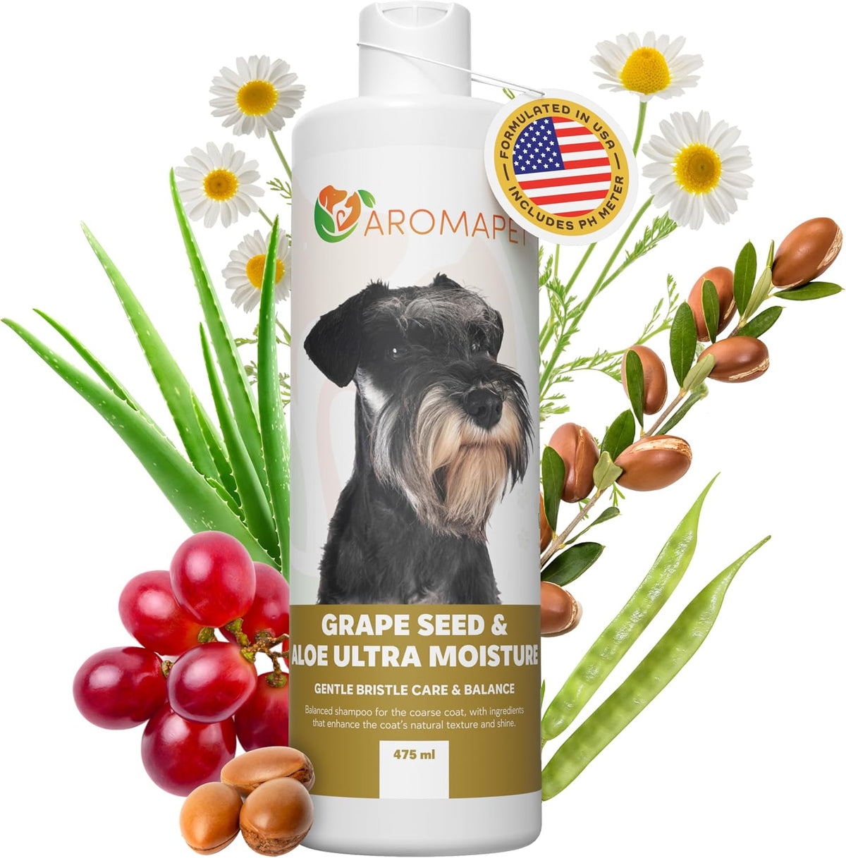 Bottle of Aromapet dog shampoo with grape seed, aloe, and olive oil elements on a white background