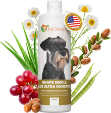 Bottle of Aromapet dog shampoo with grape seed, aloe, and olive oil elements on a white background