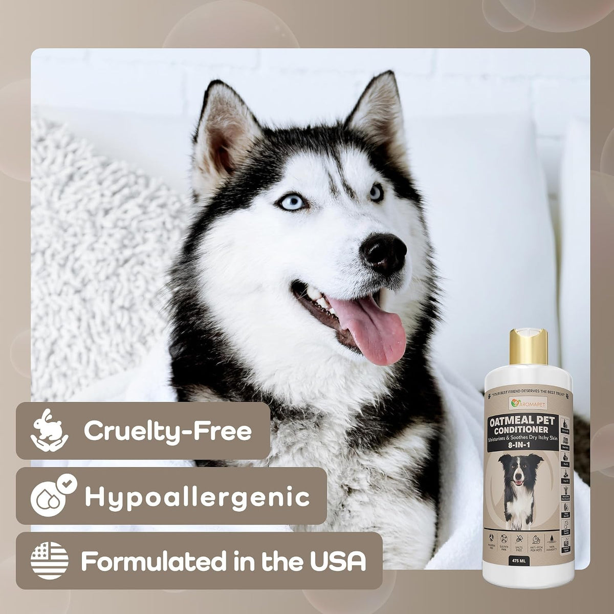 Husky dog with a bottle of Oatmeal Pet Conditioner on a light background