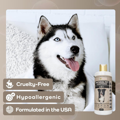 Husky dog with a bottle of Oatmeal Pet Conditioner on a light background