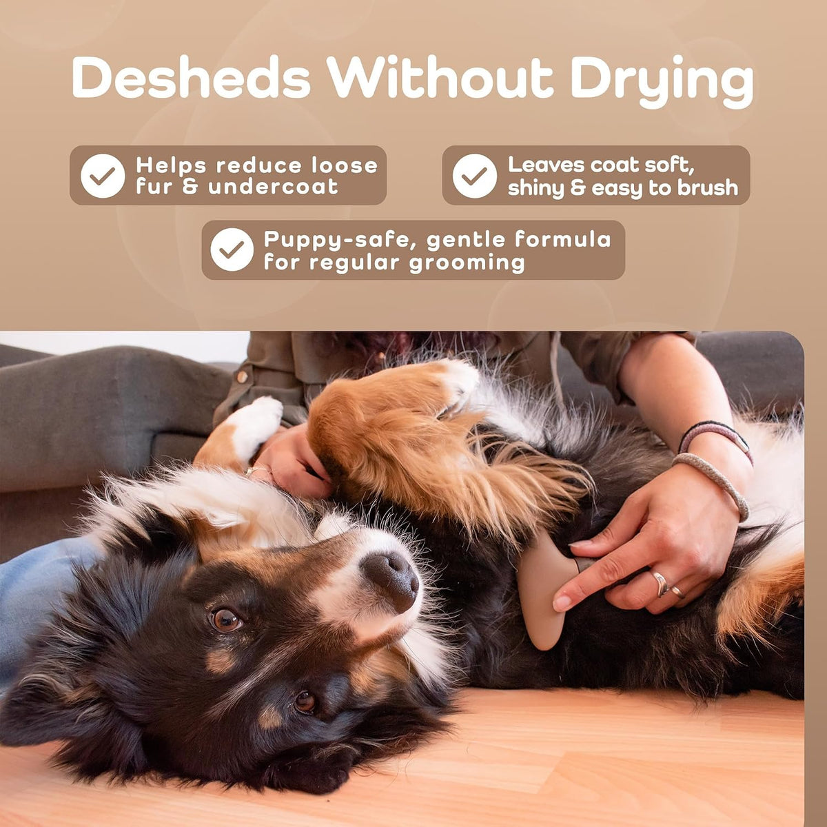 Dog being groomed with text about deshedding product benefits
