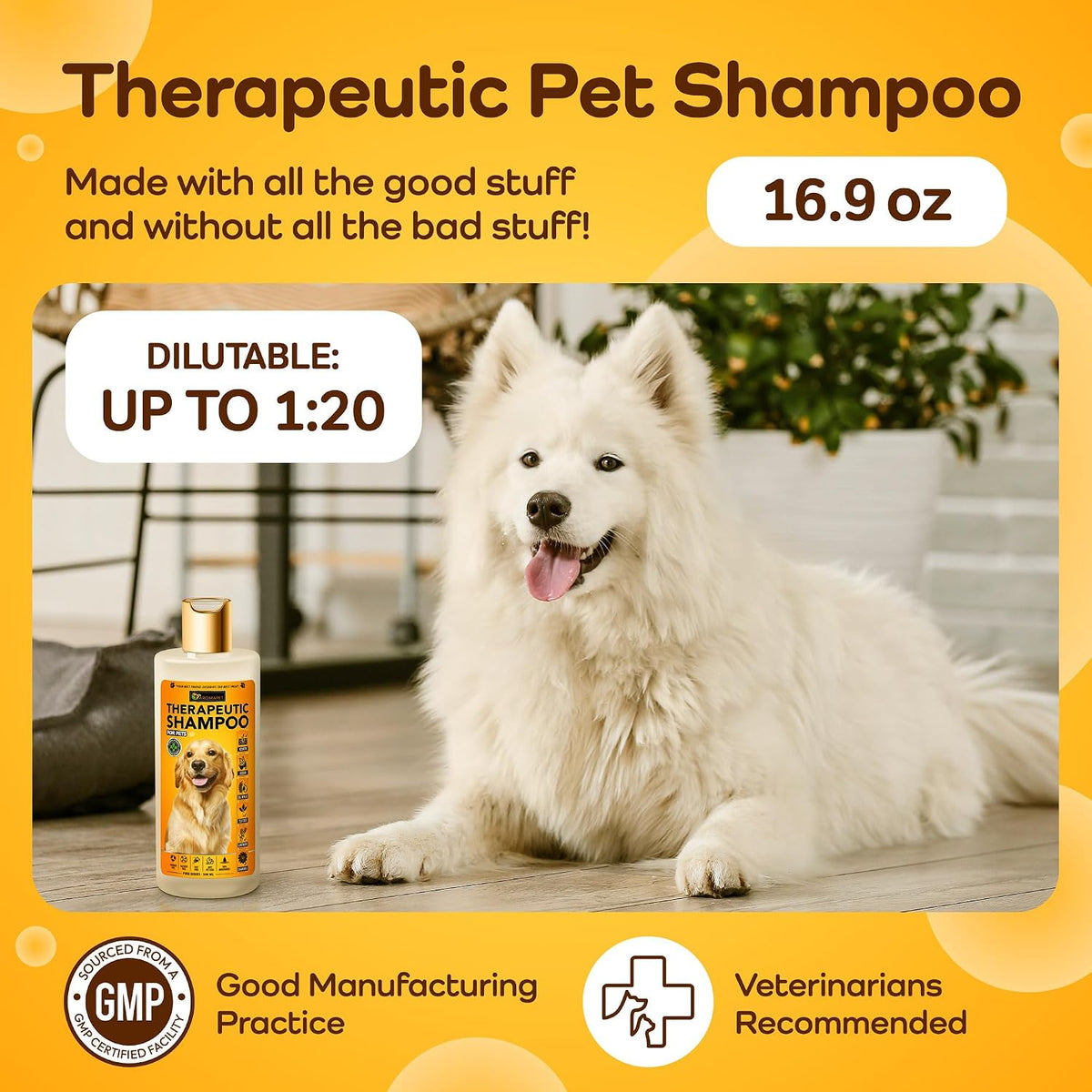 Therapeutic Pet Shampoo bottle shown next to a fluffy white Samoyed dog on a wooden floor, with promotional text on a yellow background. The bottle label reads Therapeutic Shampoo and shows a dog.