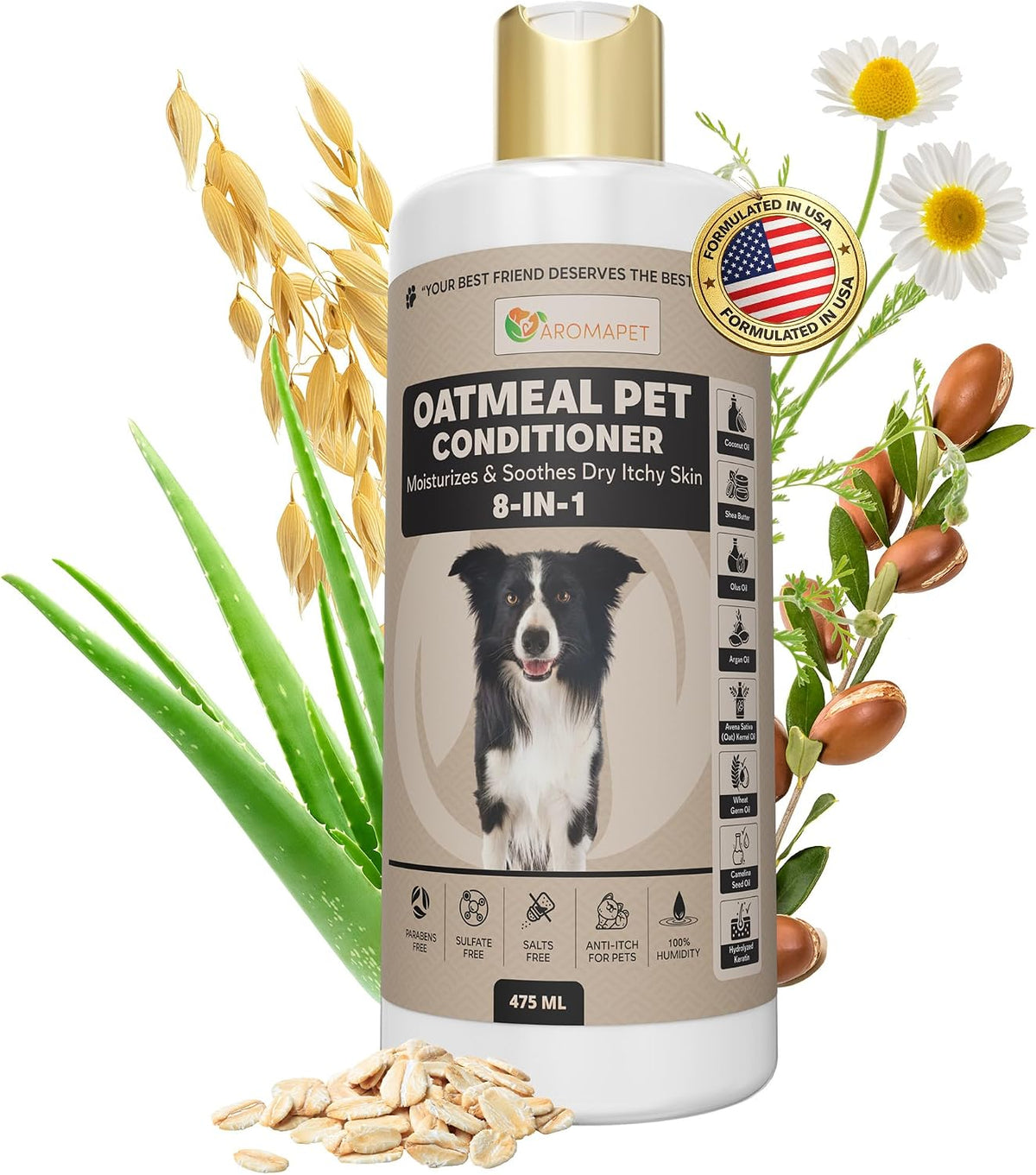 Bottle of Oatmeal Pet Conditioner with a dog on the label, surrounded by oats, flowers, and aloe vera.