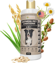 Bottle of Oatmeal Pet Conditioner with a dog on the label, surrounded by oats, flowers, and aloe vera.