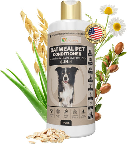 Bottle of Oatmeal Pet Conditioner with a dog on the label, surrounded by oats, flowers, and aloe vera.