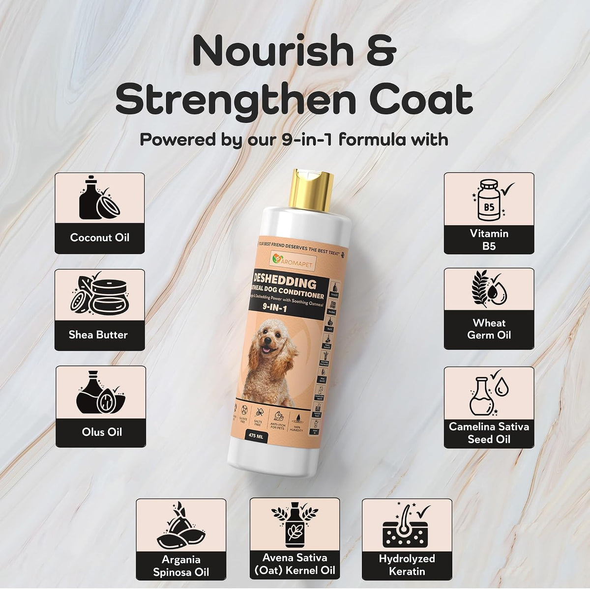 A bottle of pet hair removal and conditioning oil centered on a light marble background, surrounded by ingredient callout tiles reading Coconut Oil, Shea Butter, Olus Oil, Vitamin B3, Wheat Germ Oil, Camellia Sativa Seed Oil, Argania Spinosa Oil, Avena Sativa Kernel Oil, and Hydrolyzed Keratin. Large text at the top says 'Nourish & Strengthen Coat.