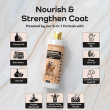 A bottle of pet hair removal and conditioning oil centered on a light marble background, surrounded by ingredient callout tiles reading Coconut Oil, Shea Butter, Olus Oil, Vitamin B3, Wheat Germ Oil, Camellia Sativa Seed Oil, Argania Spinosa Oil, Avena Sativa Kernel Oil, and Hydrolyzed Keratin. Large text at the top says 'Nourish & Strengthen Coat.