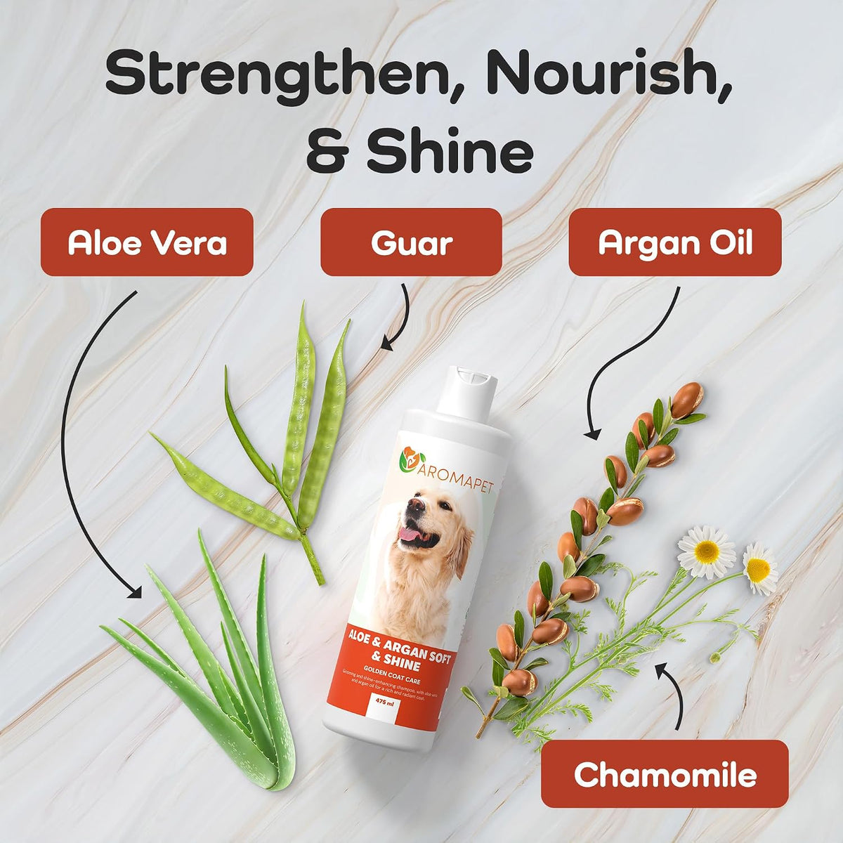 Dog shampoo bottle with aloe vera, guar, argan oil, and chamomile elements on a light wooden background.