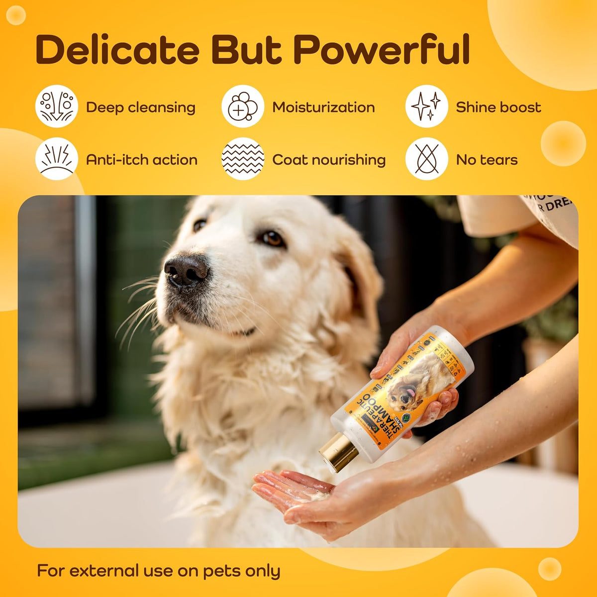 Dog being bathed with a pet shampoo bottle, featuring product benefits on a yellow background.