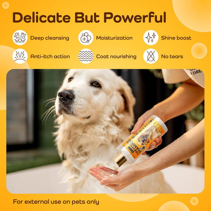 Dog being bathed with a pet shampoo bottle, featuring product benefits on a yellow background.