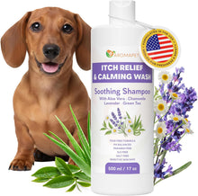 A bottle of Aromapet Itch Relief & Calming Wash Soothing Shampoo stands on a white background with a dachshund dog on the left and lavender flowers and green leaves on the right. The bottle is white with purple text and a circular American flag badge.