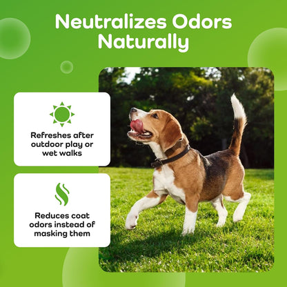A green promotional graphic with the headline 'Neutralizes Odors Naturally' and a photo of a beagle running on grass. Two white callout boxes explain benefits: 'Refreshes after outdoor play or wet walks' and 'Reduces coat odors instead of masking them.