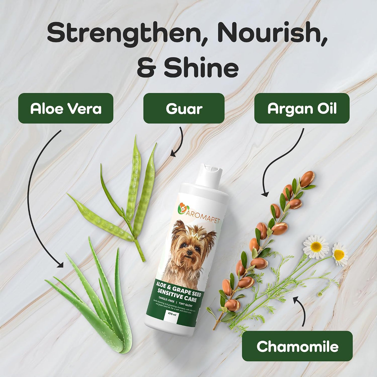 Dog shampoo bottle with ingredients labeled Aloe Vera, Guar, Argan Oil, and Chamomile on a light wooden background.
