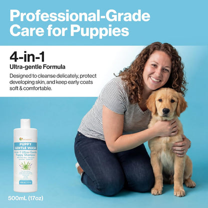 A woman kneels on a bright blue studio floor holding a golden retriever puppy next to a bottle of PuppY Gentle Wash pet shampoo. The image includes promotional text reading 'Professional-Grade Care for Puppies' and '4-in-1 Ultra-gentle Formula.