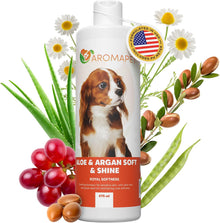 Shampoo bottle for dogs with aloe vera, argan oil, and grapes on a white background