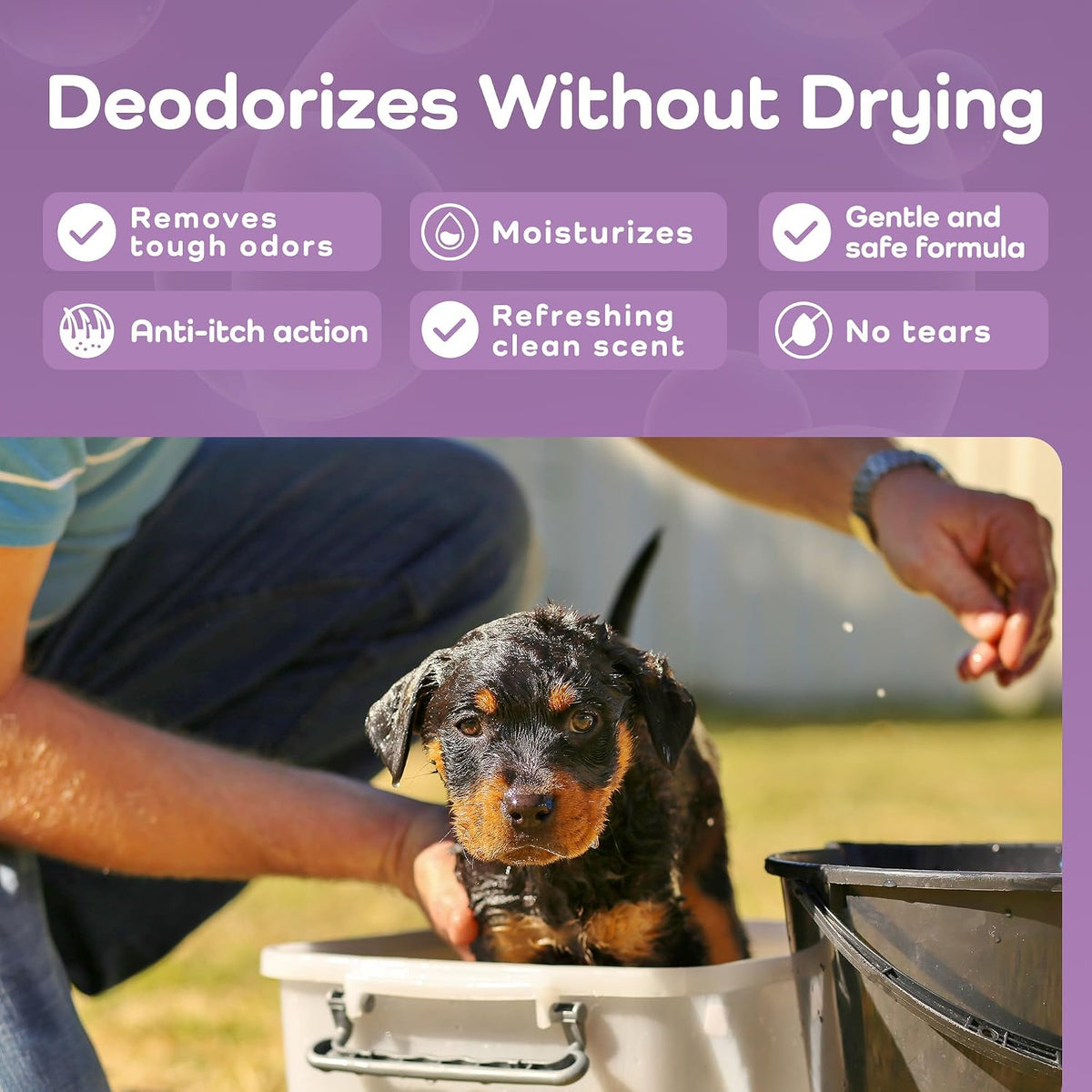 Promotional graphic for a pet grooming product with text reading 'Deodorizes Without Drying' and feature callouts, plus a photo of a wet black-and-tan puppy sitting in a bucket while a person washes it outdoors.