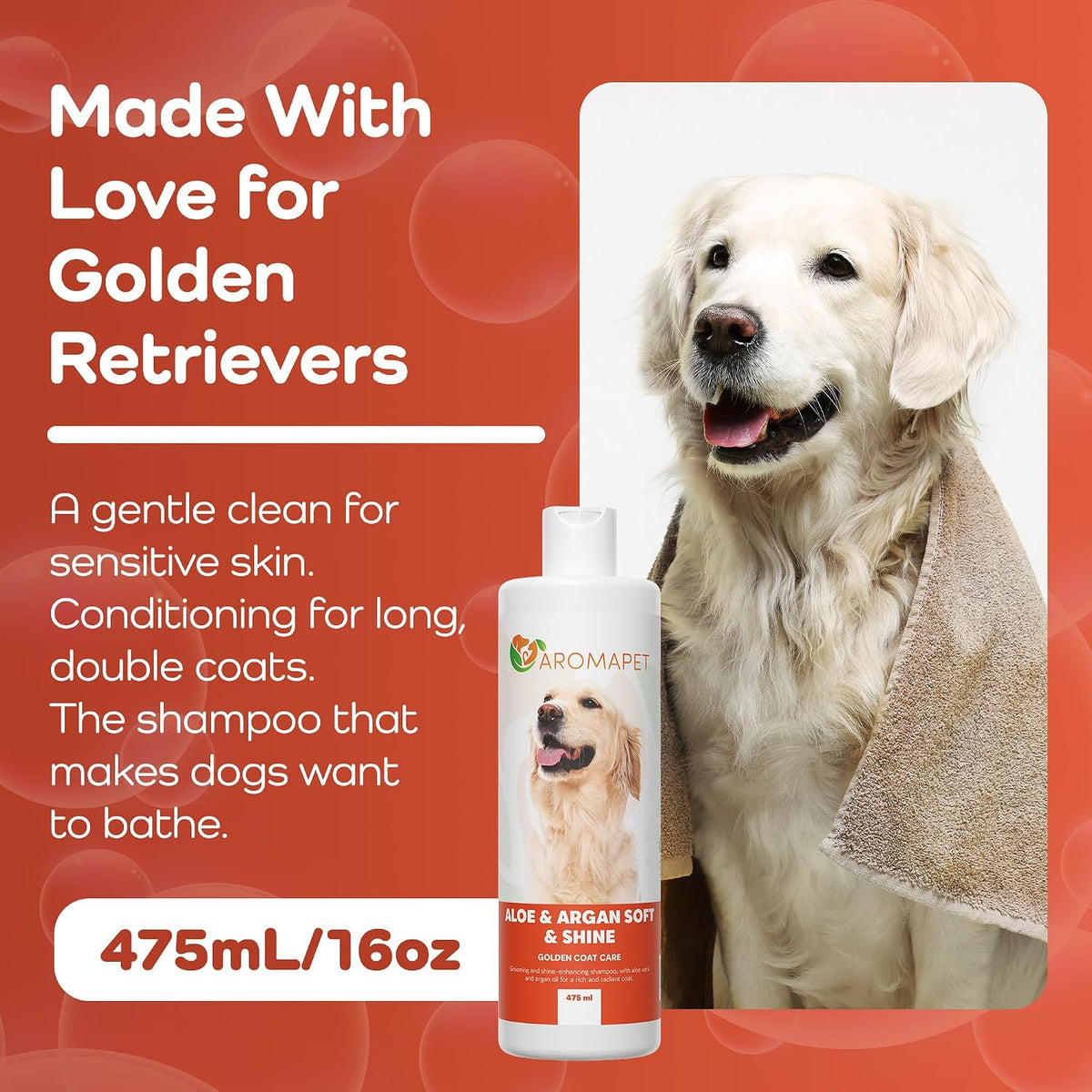 Dog shampoo bottle with a Golden Retriever and text on an orange background