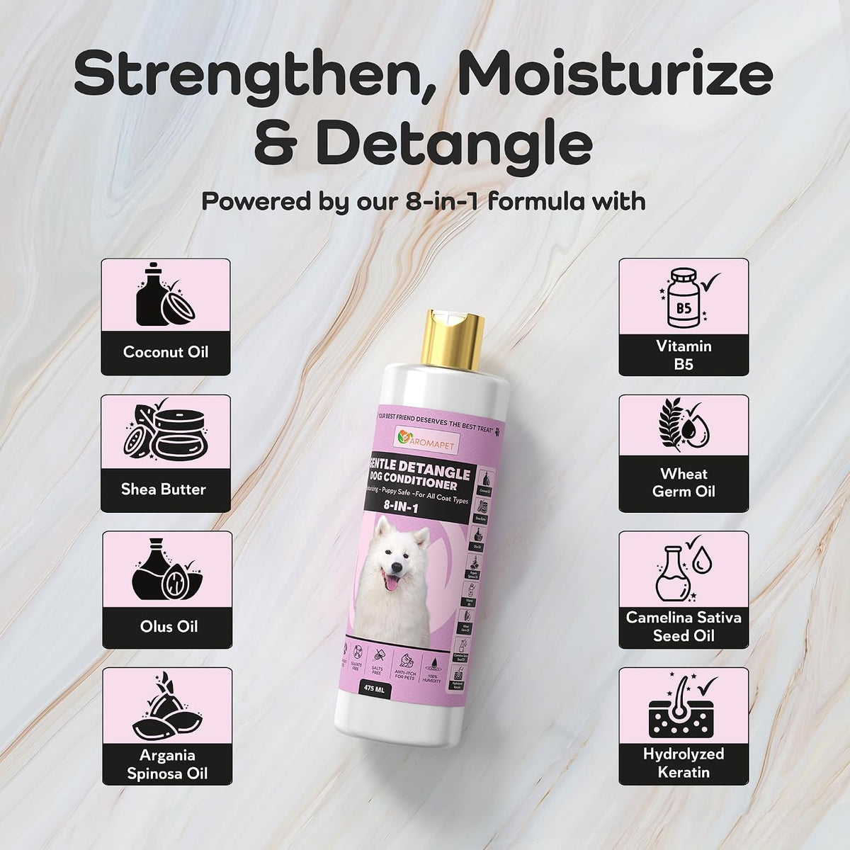 Dog shampoo bottle with ingredients listed on a light wooden background