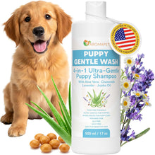 A bottle of Aromapet Puppy Gentle Wash puppy shampoo shown next to a golden retriever dog, with aloe vera leaves, jojoba oil droplets, and purple flowers on a white background.