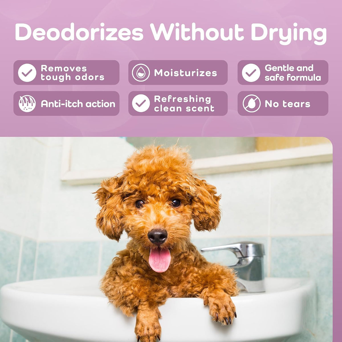 Dog sitting on a sink with product features listed above it