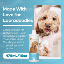 Dog shampoo bottle with a Labradoodle in a bath, text about the product's features.