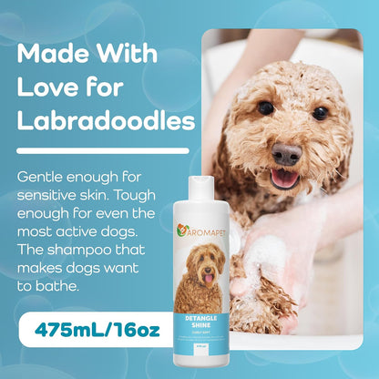 Dog shampoo bottle with a Labradoodle in a bath, text about the product's features.