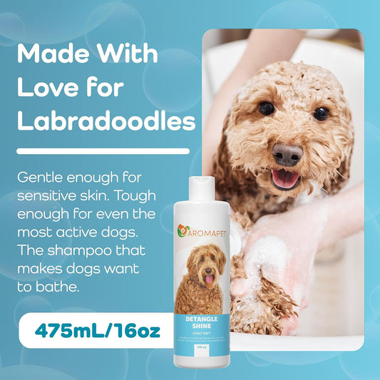 Dog shampoo bottle with a Labradoodle in a bath, text about the product's features.