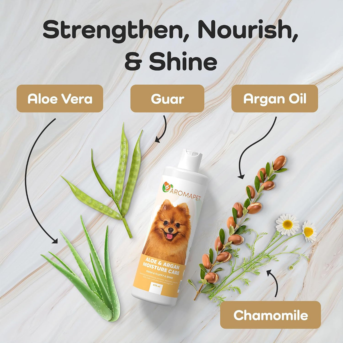 Dog shampoo bottle with aloe vera, guar, argan oil, and chamomile on a light wooden background.