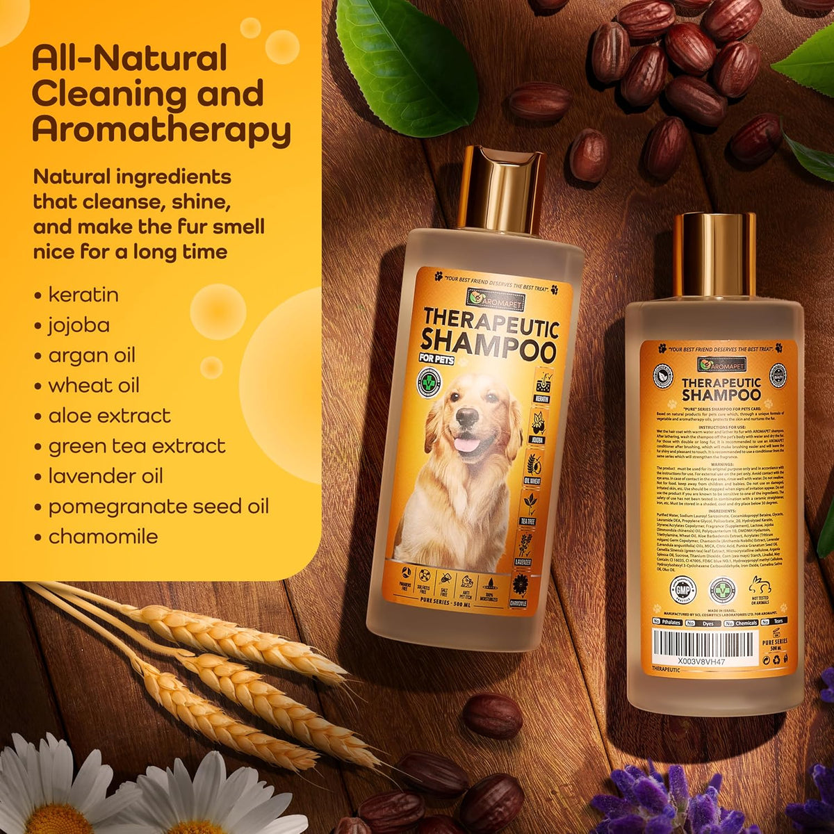 Two bottles of pet shampoo shown on a styled wooden background with natural ingredients around them. One bottle is front-facing, showing the label with a golden retriever photo and product name, and the other is back-facing showing the ingredients list.