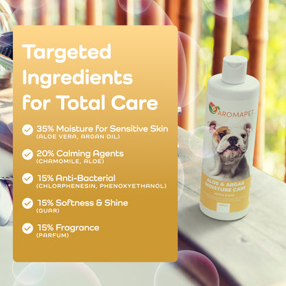 Aromapet bottle with targeted ingredients for total care on a blurred background
