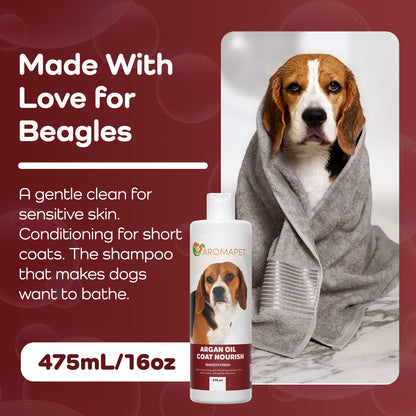 Promotional graphic for ROMAPET Argan Oil Coat Nourish dog shampoo. The left side features white text on a dark red background describing the gentle clean and conditioning benefits for short coats.