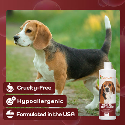 Dog standing outdoors with Aromapet product and certification labels on a red border
