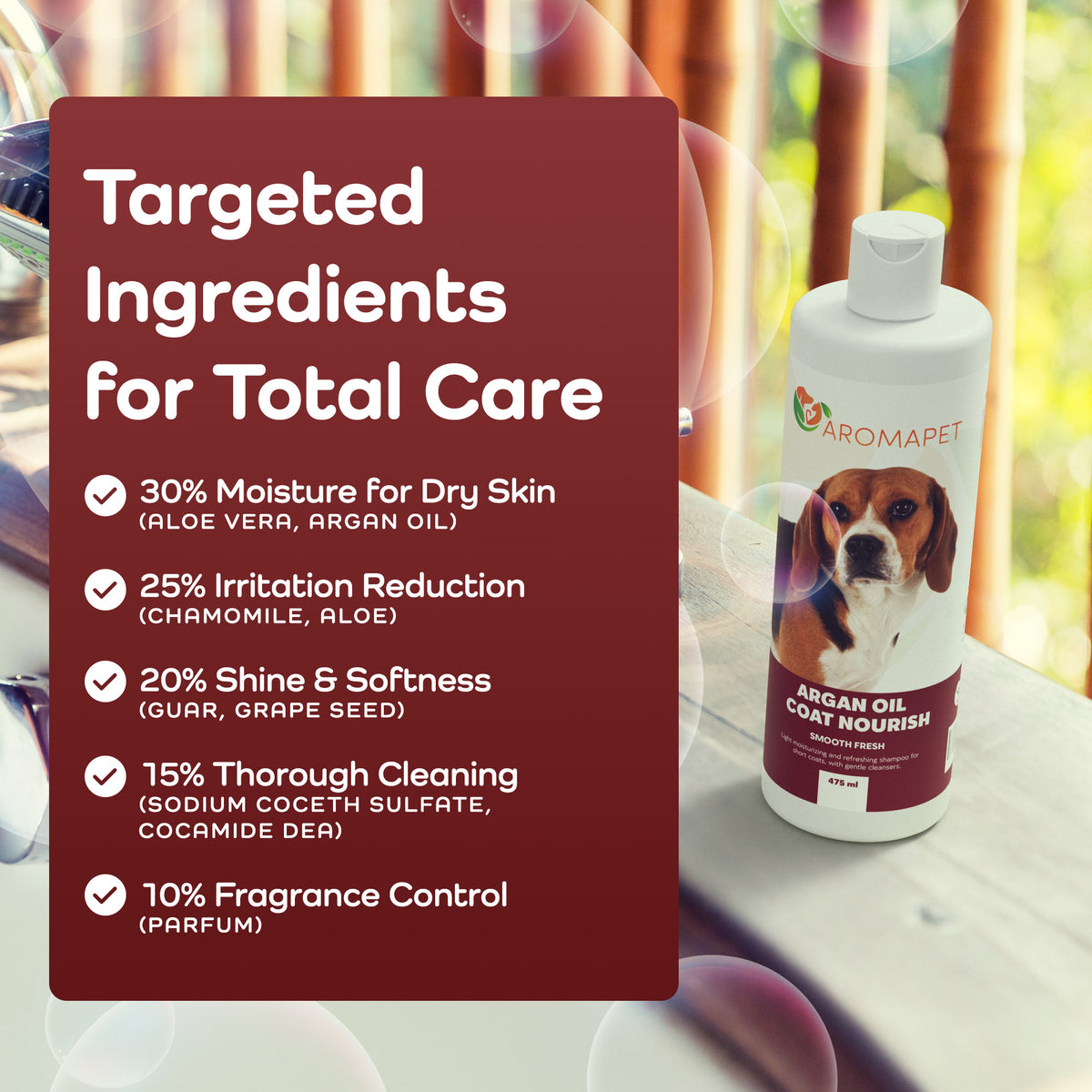 Dog shampoo bottle with targeted ingredients for total care on a maroon background
