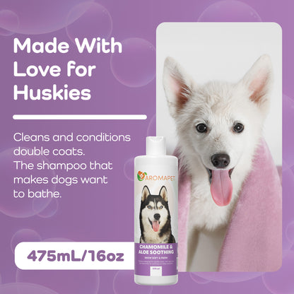 Dog shampoo bottle with a husky on a purple background, featuring text about the product's benefits.