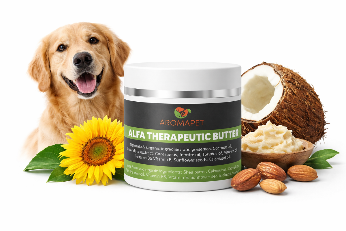 A jar of Aromapet Alfa Therapeutic Butter centered on a white background, surrounded by a golden retriever dog, a yellow sunflower, a halved coconut, almonds, and a small bowl of cream. The product jar has a white lid and base with a dark gray and green label.
