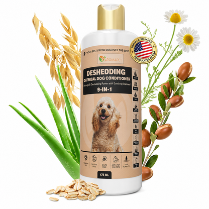 A bottle of Romarept Deshedding Oatmeal Dog Conditioner centered on a white background, surrounded by natural ingredients including oats, aloe vera, chamomile flowers, and seeds. The bottle has a gold cap and a beige label with a poodle photo.