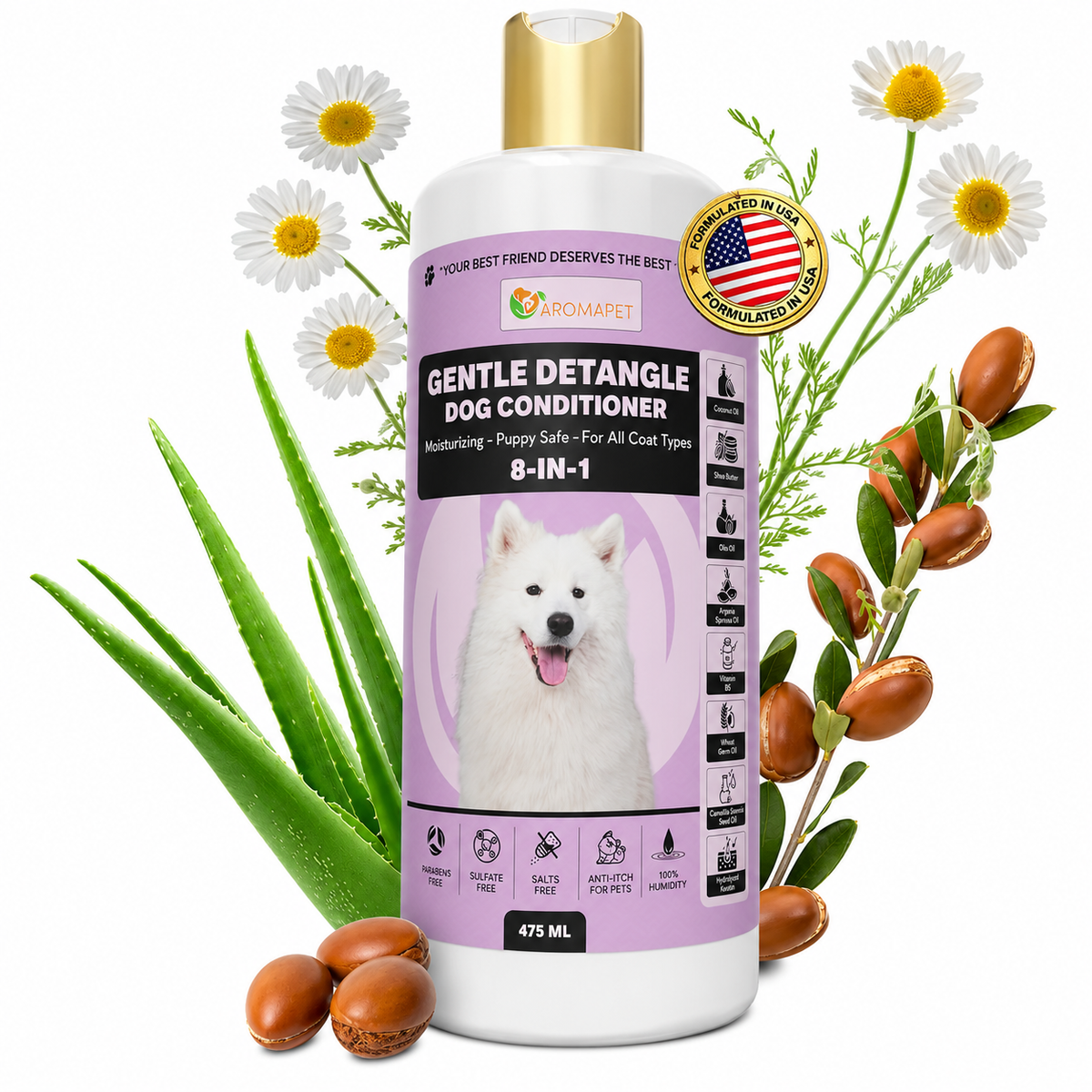 A bottle of Aromapet Gentle Detangle Dog Conditioner with a white cap and a purple label featuring a white dog, surrounded by decorative aloe vera leaves, daisies, and argan nuts on a white background.