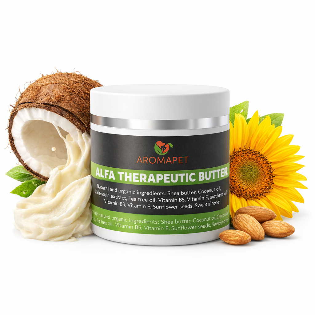 A jar of Aromapet Alpha Therapeutic Butter centered on a white background, surrounded by coconut halves, a sunflower, almonds, and a small green leaf. The jar has a white lid and a black label with a green band reading the product name.