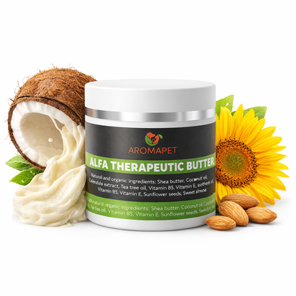 A jar of Aromapet Alpha Therapeutic Butter centered on a white background, surrounded by coconut halves, a sunflower, almonds, and a small green leaf. The jar has a white lid and a black label with a green band reading the product name.