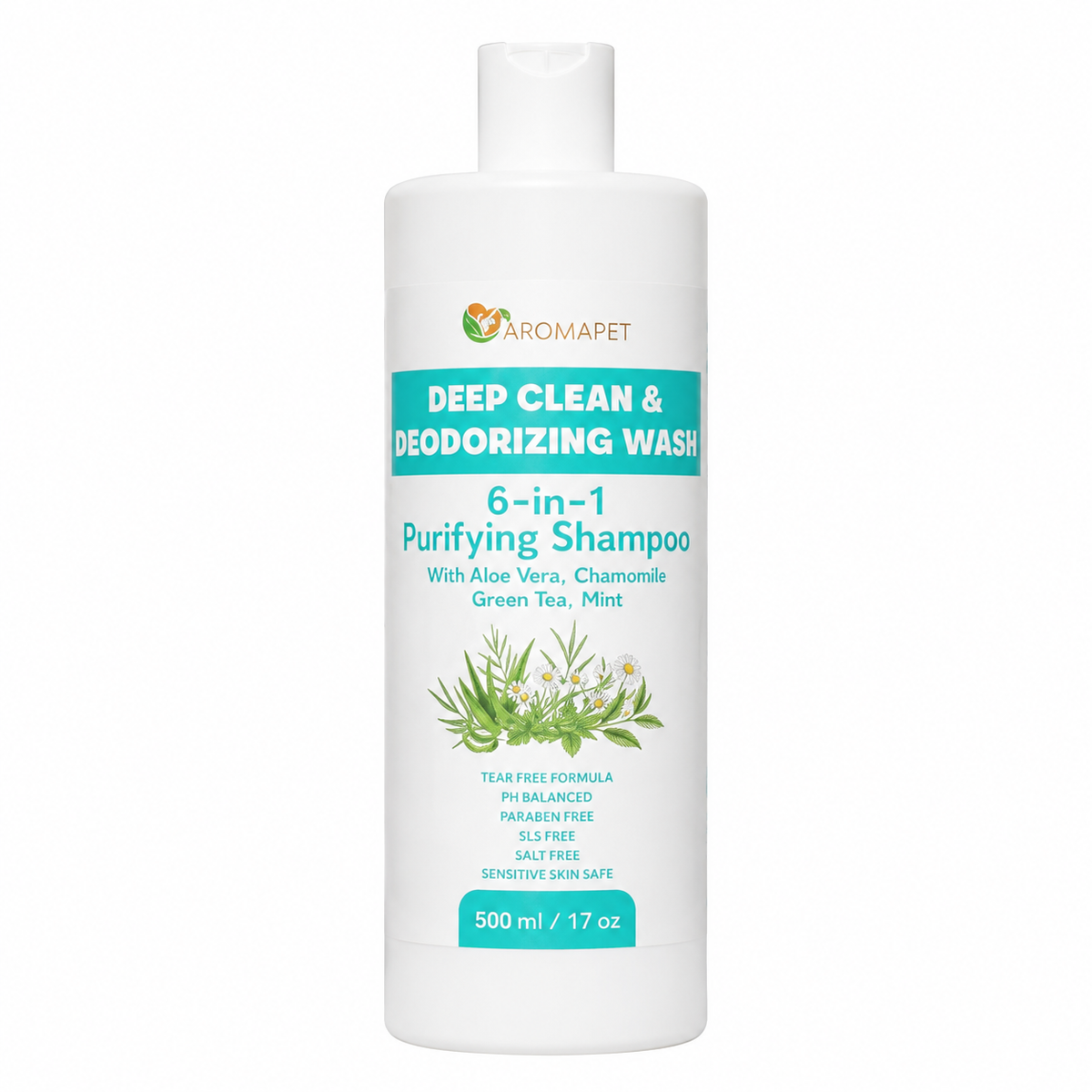 A 500 ml white plastic bottle of Aromapet Deep Clean & Deodorizing Wash 6-in-1 Purifying Shampoo, featuring a white cap and a label with teal and green text and botanical illustrations, set against a plain white background.