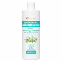A 500 ml white plastic bottle of Aromapet Deep Clean & Deodorizing Wash 6-in-1 Purifying Shampoo, featuring a white cap and a label with teal and green text and botanical illustrations, set against a plain white background.