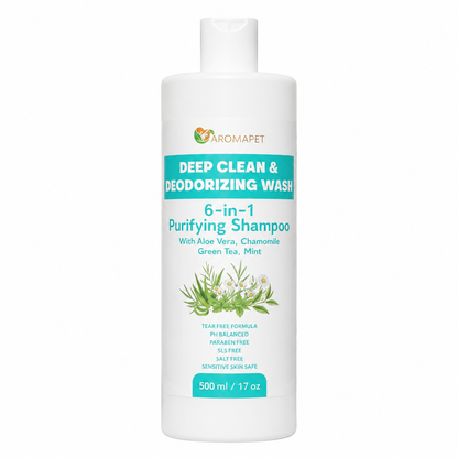A 500 ml white plastic bottle of Aromapet Deep Clean & Deodorizing Wash 6-in-1 Purifying Shampoo, featuring a white cap and a label with teal and green text and botanical illustrations, set against a plain white background.