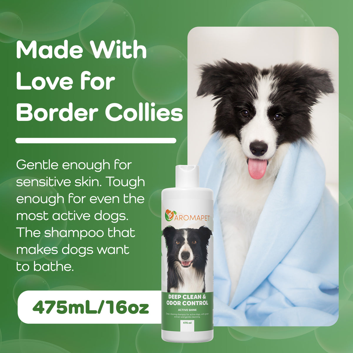 Dog shampoo bottle with a border collie on a green background