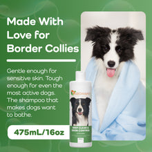 Dog shampoo bottle with a border collie on a green background