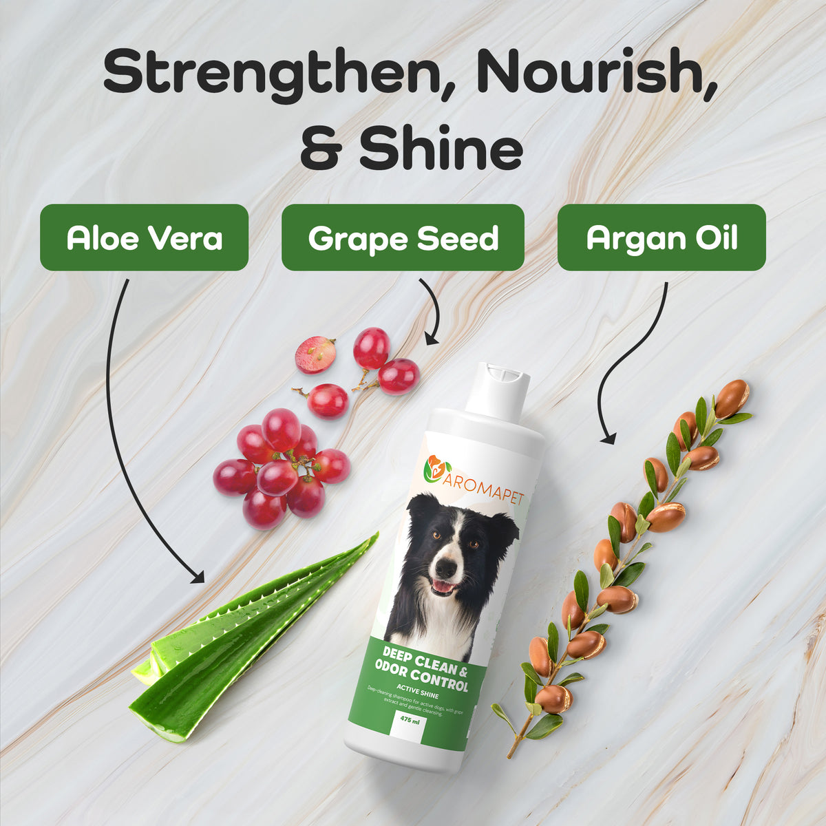 A bottle of Aromapet dog grooming product labeled 'Keep Clean & Odor Control' is shown on a light marble-style background with callout graphics for Aloe Vera, Grape Seed, and Argan Oil ingredients.