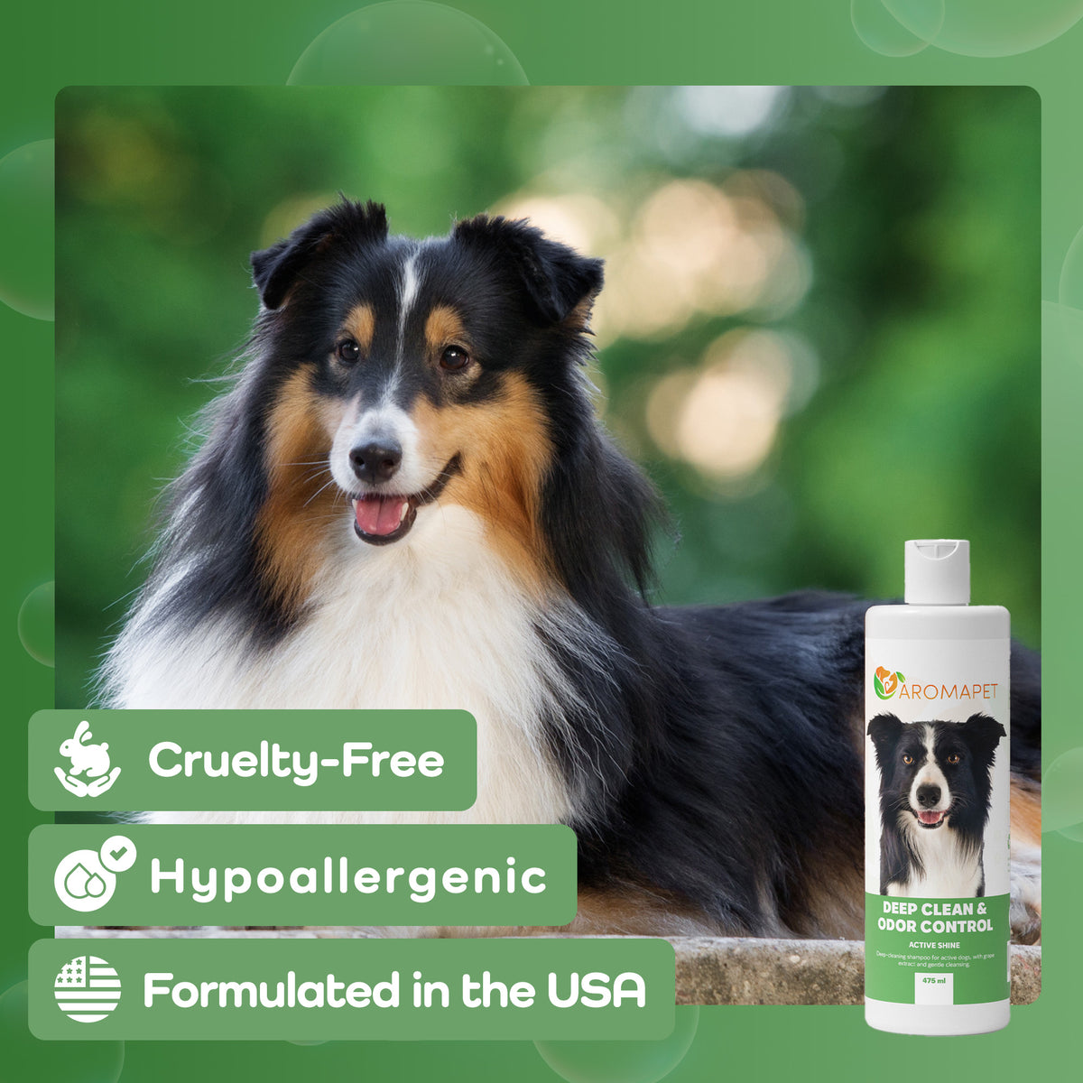 Dog with a bottle of Aromatet pet shampoo on a green background