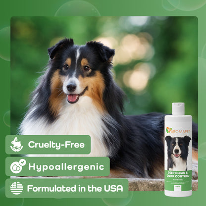Dog with a bottle of Aromatet pet shampoo on a green background